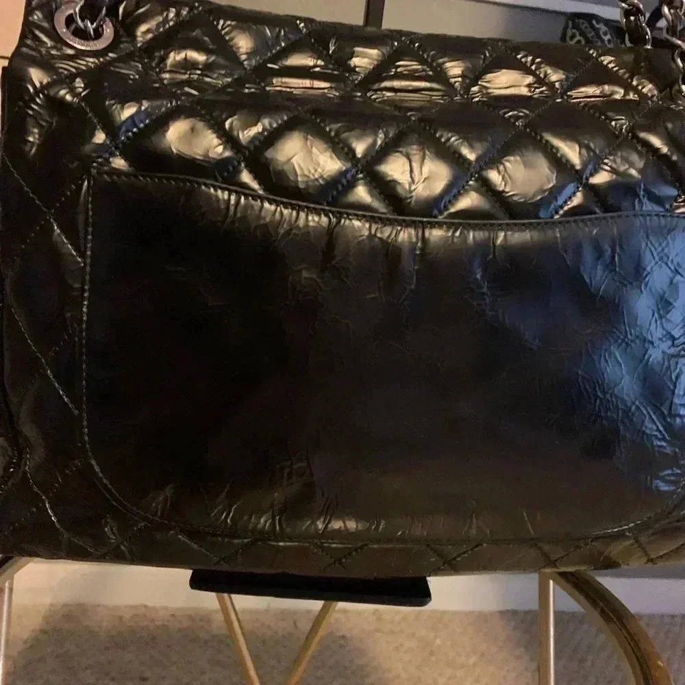 CHANEL X LARGE FLAP PATENT LEATHER QUILTED CC SHOULDER BLACK BAG {RARE FIND}